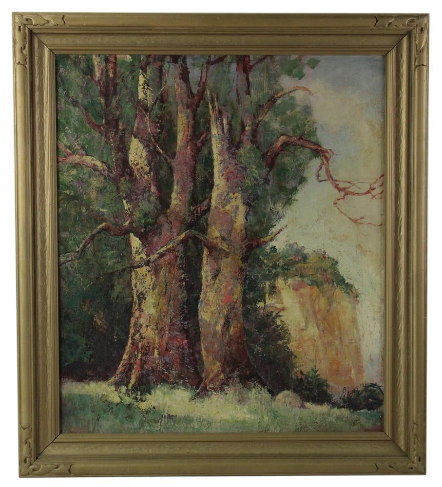 Frank Taylor Bowers, "Tree and Cliff": Frank Taylor Bowers (1875-1932), "Tree and Cliff", listed exhibition catalogue, 28" x 24", framed 33" x 29". Provenance: Ithaca, New York collection.