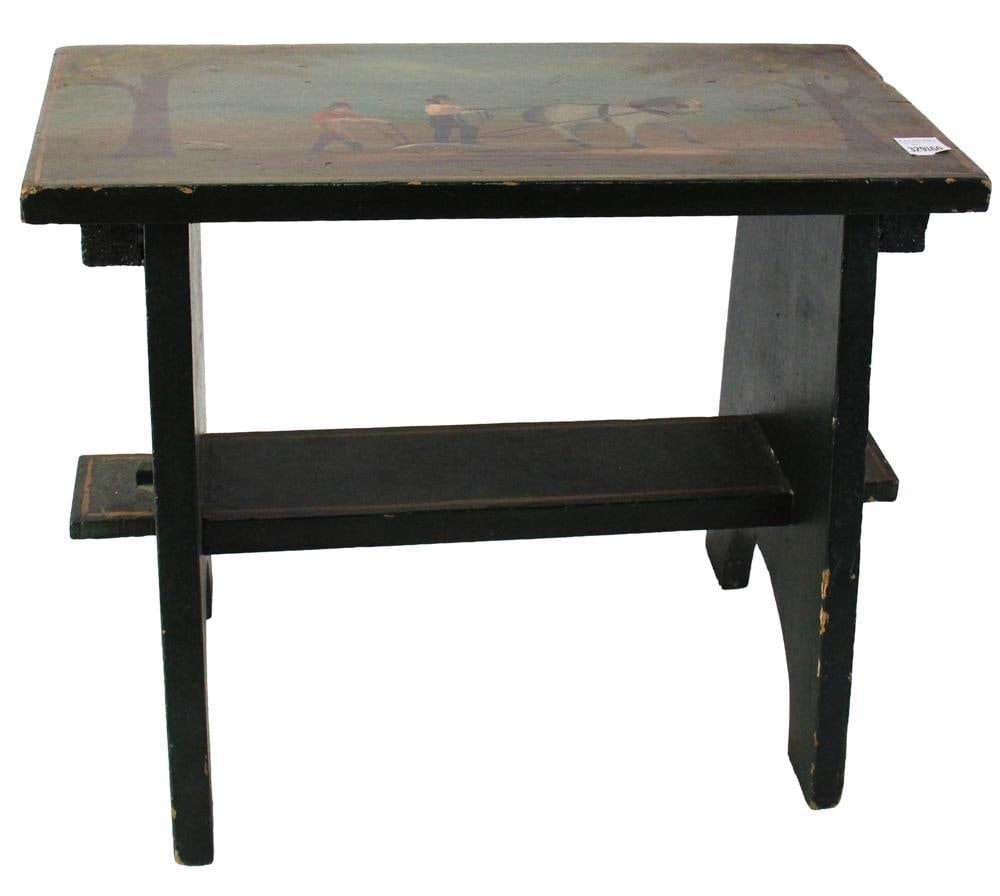 Old Stool with Painted Sporting Scene in Top: Old stool having a painted sporting scene on top, signed CS Volan, 14" x 19" x 9". Provenance: Palm Beach, Florida estate.
