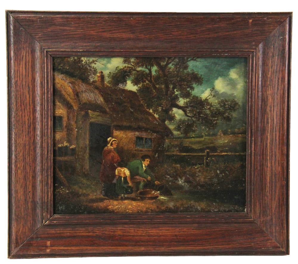 George Morland, Cottage Scene, Oil on Board: George Morland, cottage scene, oil on board, 9" x 11", framed 13" x 15". Provenance: New York City, New York collection.