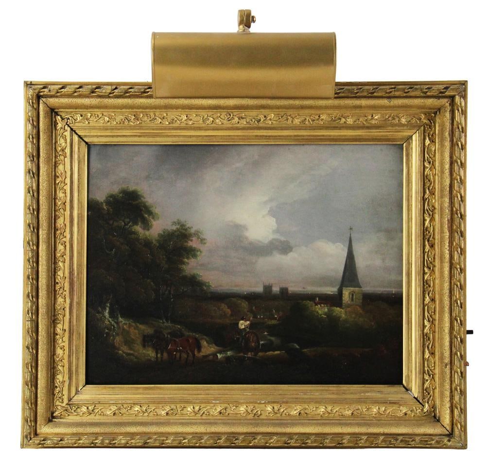 Man on Cart with Church Steeple, Oil on Board: Man on cart with church steeple, oil on board, unsigned, 12 1/2" x 16 1/2", framed 17 1/2" x 21 1/2". Provenance: New York City, New York collection.