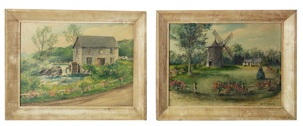 M.F. Collem, Windmill and Mill, Oil on Canvas, Two Works: M.F. Collem, windmill and mill, oil on canvas, (2) total, 11 1/2" x 15". Provenance: Mashpee, Massachusetts collection.