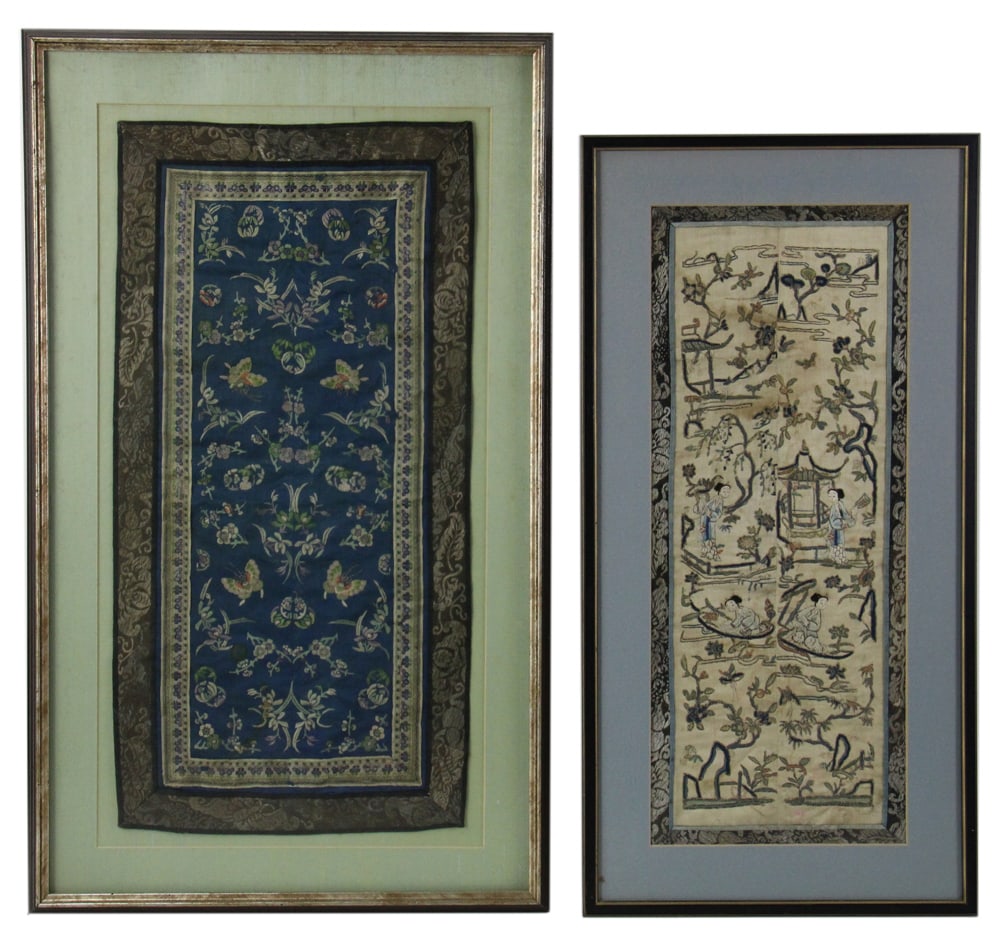 Two Chinese Embroideries: Two Chinese embroideries, 28" x 17", and 26" x 13". Provenance: Andover, Massachusetts collection.