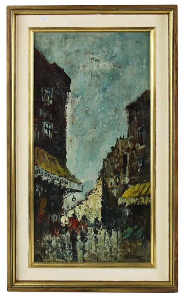 Street Scene, Oil on Canvas, Signed Pierre: Street scene, oil on canvas, signed "Pierre", 24" x 12", framed 28" x 16 1/2". Provenance: New York City, New York collection.
