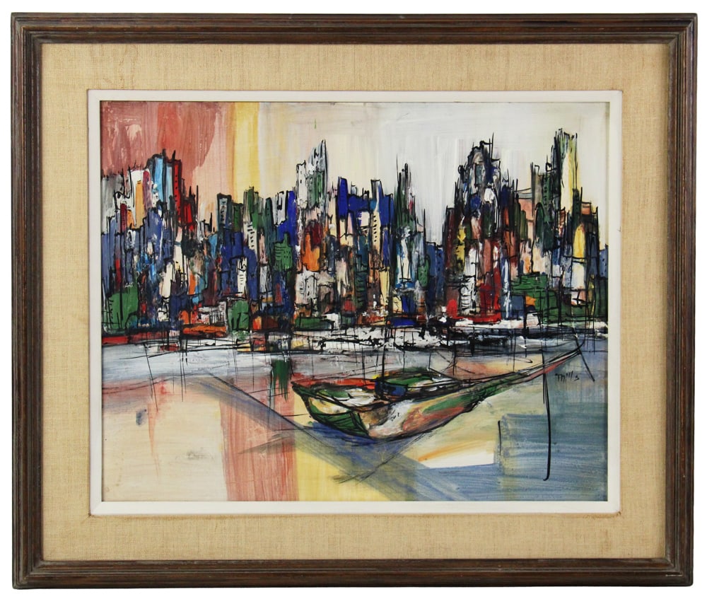 Modernist City Scape, Oil on Board, Signed Mills: Modernist city scape, oil on board, signed "Mills", 17" x 21", framed 22" x 26". Provenance: New York City, New York collection.