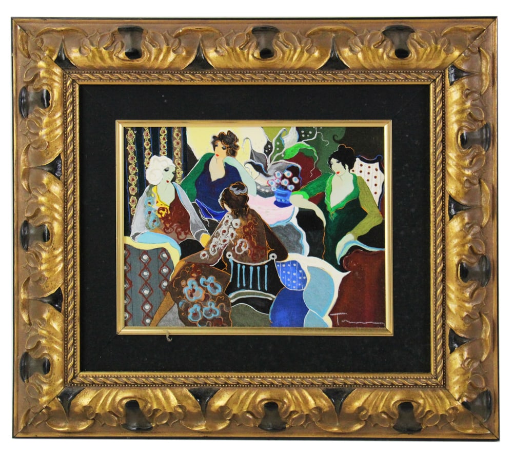 Itzchak Tarkay, "Odessa and her Companions", Serigraph: Itzchak Tarkay (Israeli, 1935-2012), "Odessa and her Companions", hand-embellished serigraph, signed L/R, 2001, edition of 150, 8" x 10 1/4" (sight), framed 16 3/4" x 19". With Certificate of
