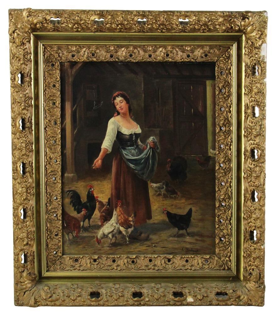 A. Balguet, Young Woman Feeding Chickens: A. Balguet, young woman feeding chickens, signed, 20" x 16", framed 29" x 24 1/2". Provenance: New York City, New York collection.