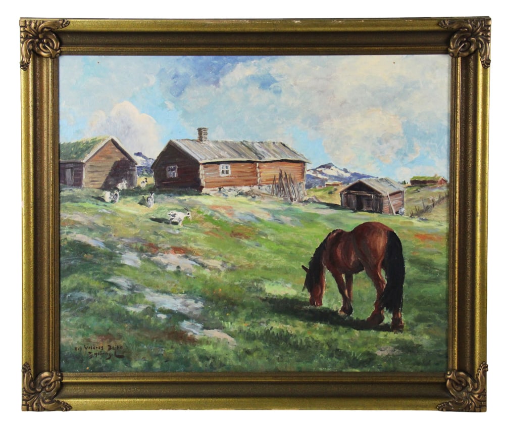 Horse and Goats Grazing, Oil on Board: Horse and goats grazing in pasture, oil on board, signed L/L "V. Brito", 23" x 29", framed 28" x 33". Provenance: New York City, New York collection.