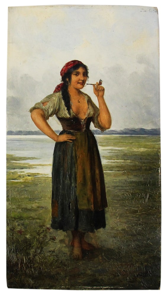 Young Woman Smoking Pipe, Oil on Board: Young woman smoking pipe, oil on board, 12 1/2" x 6 1/4". Provenance: New York City, New York collection.