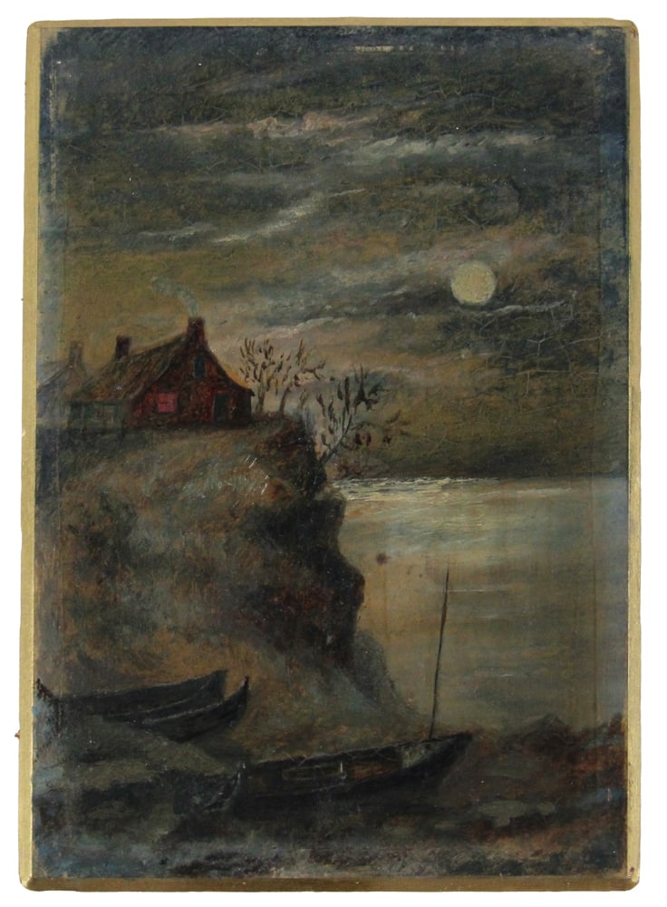 19thC, House on Cliff in Moonlight, Oil on Board: 19th century, house on cliff in moonlight, oil on board, 6 1/2" x 4". Provenance: Atlantis, Florida collection.