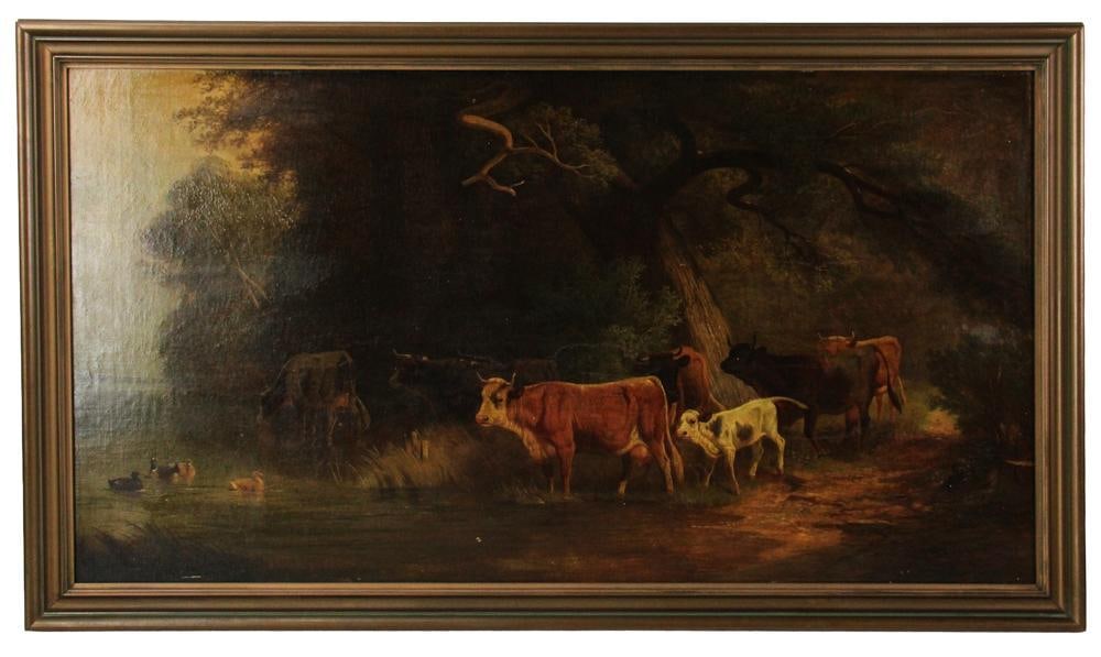 Cows by River, Oil on Board: Cows by river, oil on board, unsigned, 22" x 40", framed 25" x 43 1/2". Provenance: New York City, New York collection.