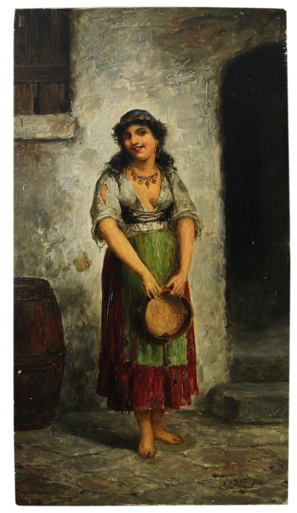 Carl Ostersetzer, Woman with Tambourine, Oil on Board: Carl Ostersetzer (German, 1865-1914), young woman holding tambourine, oil on board, 12 1/2" x 6 1/4". Provenance: New York City, New York collection.