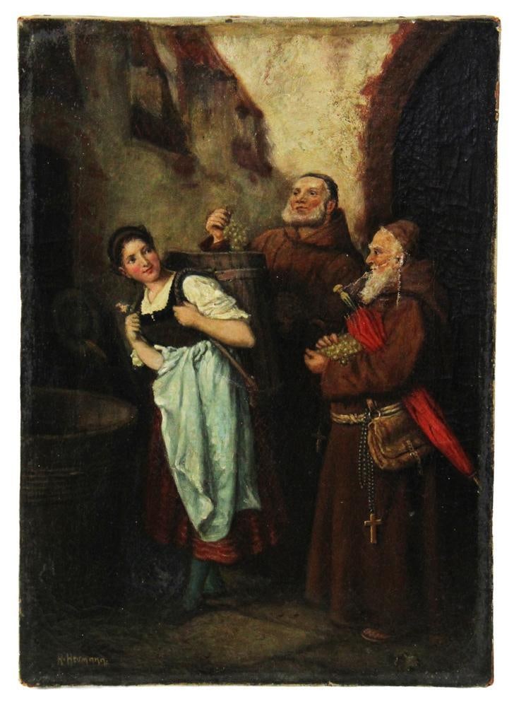 H. Heumann, Monks Eating Grapes, Oil on Canvas: H. Heumann, monks eating grapes, oil on canvas. Provenance: New York City, New York collection.