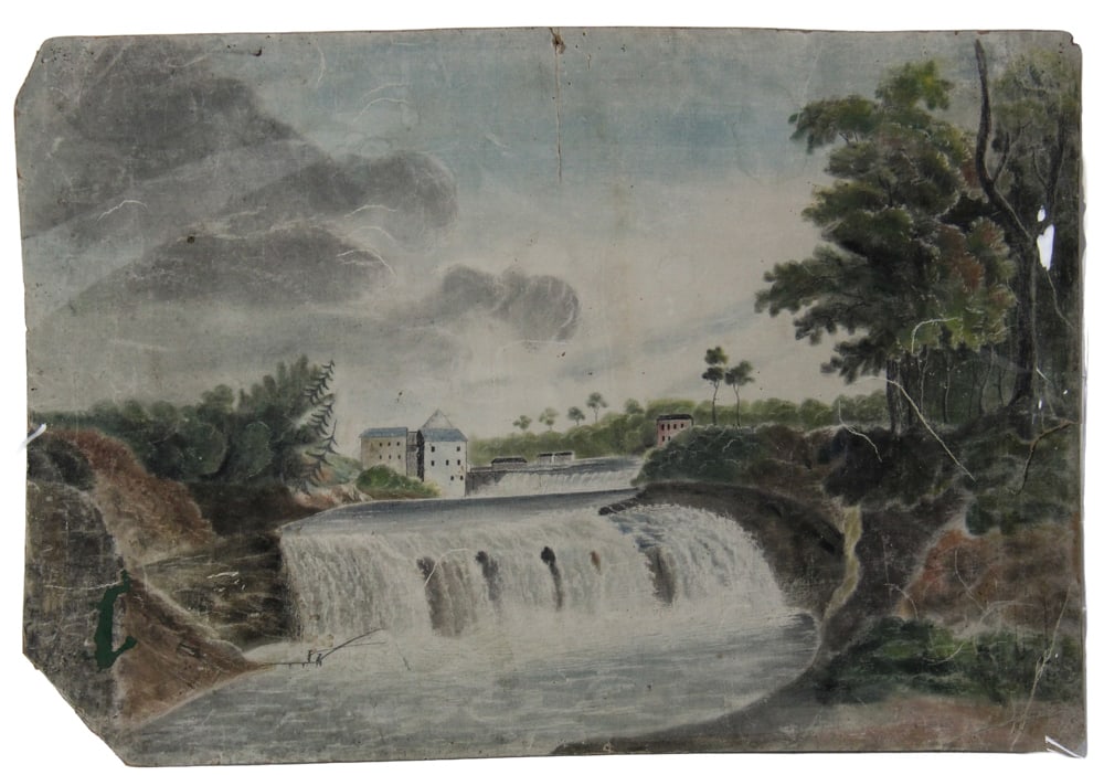 19thC American, Sandpaper Painting of Mill and Fishermen: 19th century American, sandpaper painting of mill and fishermen. Poor condition. Provenance: Ithaca, New York collection.