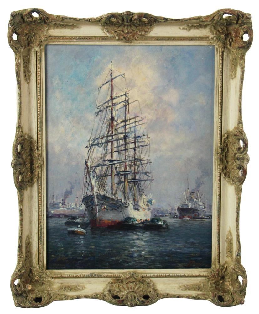 Ships in Harbor, Oil on Canvas: Ships in harbor, oil on canvas, signed indistinctly, 15 3/4" x 11 3/4", framed 19" x 16 3/4". Provenance: New York City, New York collection.