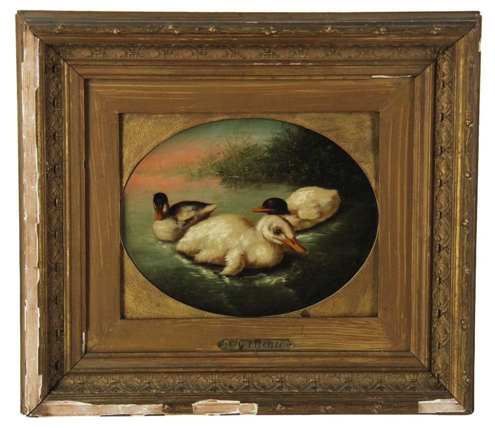 CC Firenze, Ducks in Pond, Oil on Board: CC Firenze, ducks in pond, oil on board, 6 1/2" x 8 1/2", framed 13" x 15". Provenance: New York City, New York collection.