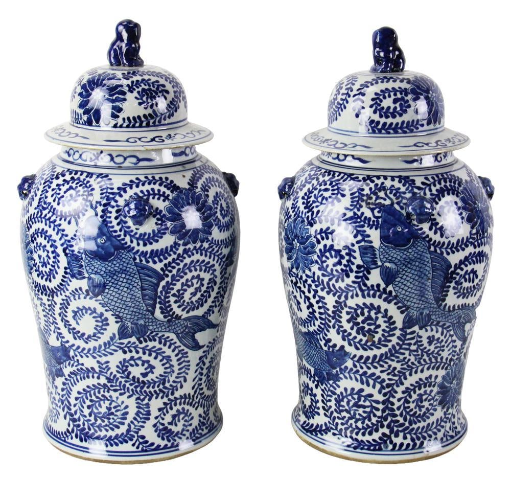 Pair of Chinese Large Blue and White Tea Jars: Pair of Chinese large blue and white tea jars, 21" x 9". Provenance: Palm Beach, Florida estate.