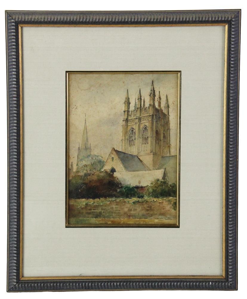 19thC Church in London, Watercolor: 19th century church in London, watercolor, 10" x 7", framed 18" x 14". Provenance: Palm Beach, Florida estate.