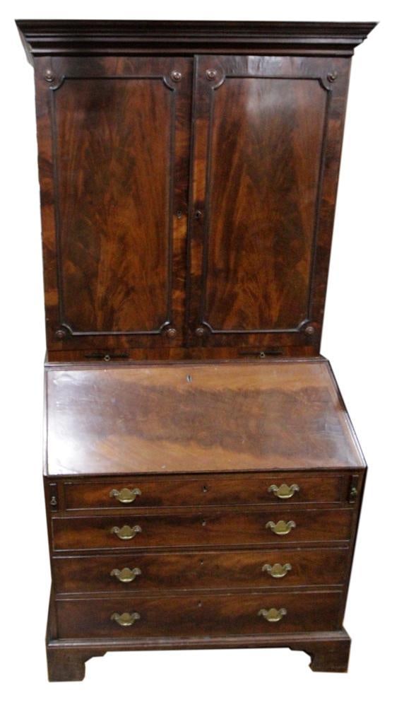 18thC English Mahogany Secretary, Original Brass Hardware: 18th century English mahogany secretary, original brass hardware, circa 1780, 84" H x 39" W x 22" D. Provenance: Marblehead, Massachusetts collection.