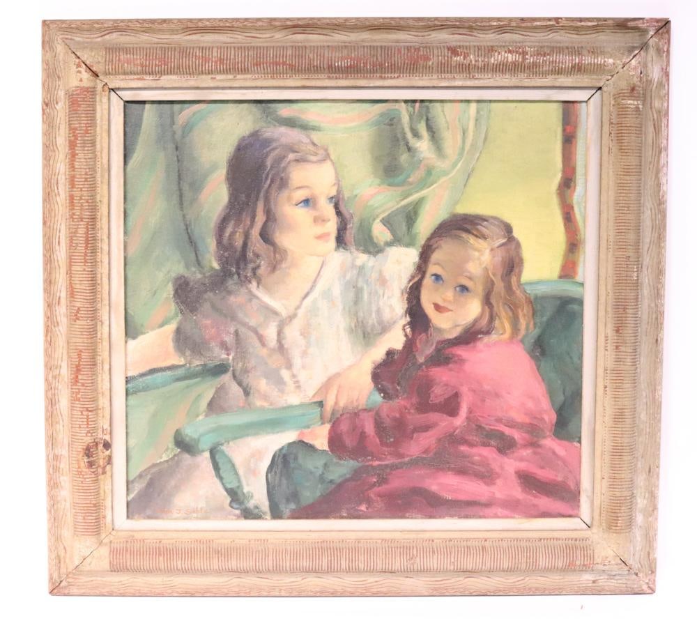 John Sable, Two Sisters, Oil on Canvas: John Sable, two sisters, oil on canvas, signed, 24" x 25", framed 30" x 32". Provenance: Southern Connecticut collection.