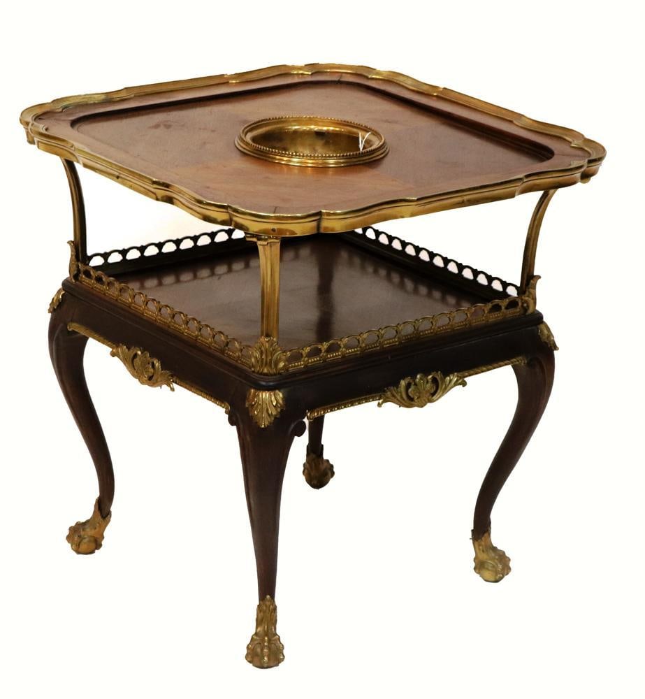 French-style Unusual Table with Brass Trim: French-style unusual table with brass trim, 25" H x 24" W. Provenance: Southern Connecticut collection.