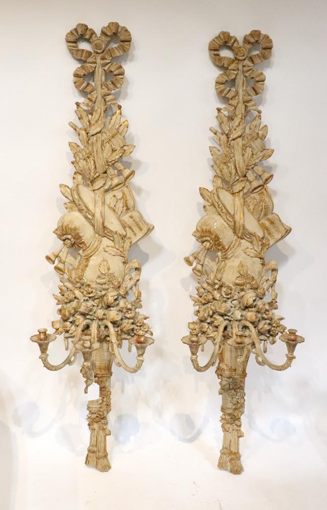 19th C French Carved & Paint Decorated Tall Candle Sconces: Pair of 19th French carved and paint-decorated wooden three-branch tall candle sconces, 66" H x 16" W. Good antique condition.