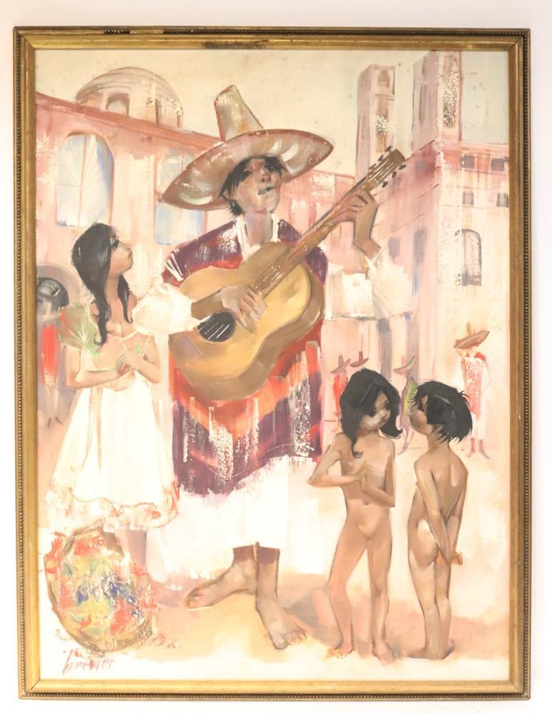 Brewer, Guitar Player with Children: Brewer, guitar player with children, oil on canvas, signed, 39" x 29", framed 42" x 32". Provenance: Southern Connecticut collection.