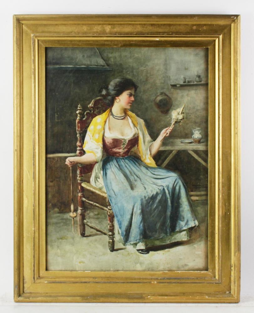 Italian School, Woman with Yarn: Italian School, woman with yarn, signed indistinctly middle right, 25" x 19", framed 31" x 25". Provenance: Southern Connecticut collection.