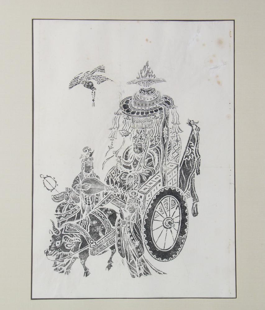 Framed Charcoal Rubbing, Thai Ramayana Scene: Framed charcoal rubbing on rice paper depicting a scene from the Thai Ramayana titled Chariot Warrior Hindu, 23" x 17" (image), framed 37" x 31". Provenance: Palm Beach, Florida estate. PLEASE