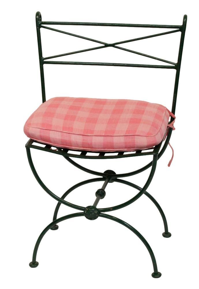 20thC Francois Carre Sunburst Iron Chair: 20th century Francois Carre iron chair, with "X" style base, central sphere connector, "sunburst" or spring seat, and high-end bistro style metal frame with criss-cross design, 32" H x 19" W x 16" D. 