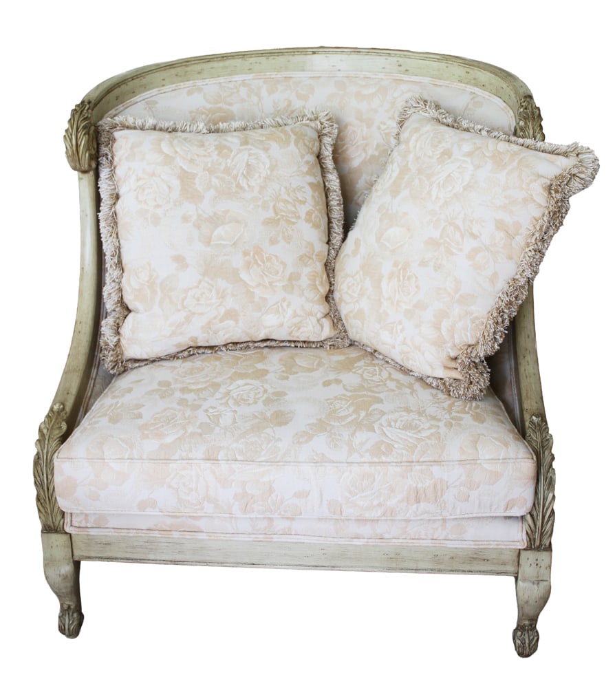 Elegant French Bergere with Damask Upholstery: Elegant French bergere with damask upholstery, 43" H x 40" W x approximately 36" D, with two matching cushions. Good condition. Provenance: From the estate of Charlotte Florence of Chestnuthill, Massa