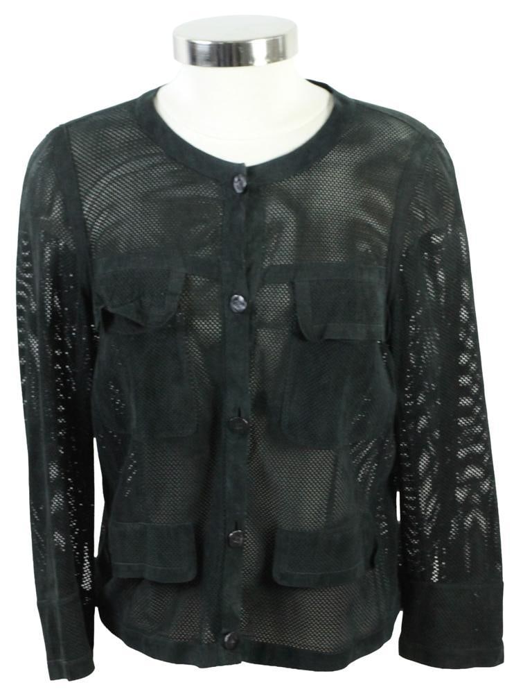 Chanel Black Lambskin Perforated Mesh Military Jacket: Chanel black lambskin perforated mesh military jacket having 4-pocket layout and all-button front closure, size 40, excellent condition. Provenance: From the estate of Charlotte Florence of Chestnut H