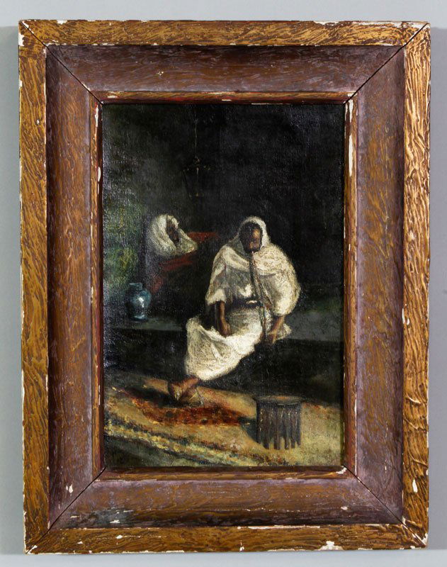 Fortuny, "Middle Eastern Men Smoking Hookah," O/C: Fortuny, "Middle Eastern Men Smoking Hookah," oil on canvas, signed lower left, from the estate of David Grase Wenham, 10" x 15" (view) 21" x 16 1/4" (frame).