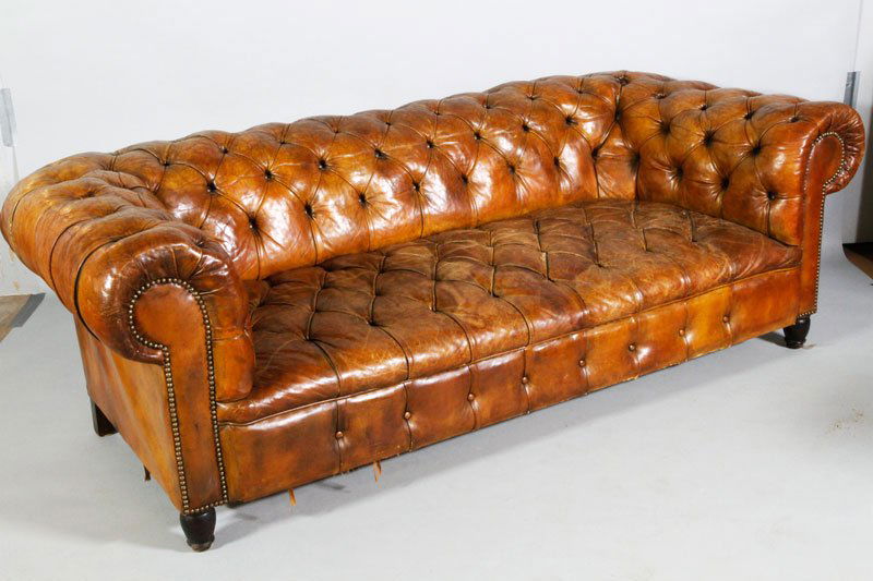 Leather Club Sofa: Sofa, leather button tufted club type, vintage, circa 1930s/40s, 27"h x 81"w x 37"d.