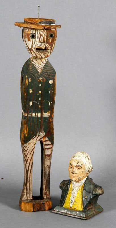 Lot of Two Americana Items: Lot of two Americana items, to include: one cast iron George Washington bank, and one early 20th century whirligig figure, figure 15 3/4" tall, bank 5 1/4" tall. Provenance: From the collection of lat