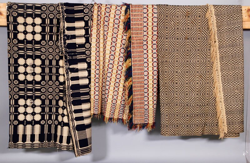 Lot of Three Antique Coverlets: Lot of three antique coverlets, 84" x 83" (largest). Provenance: From the collection of late Yale University professor Bernard Chaet.