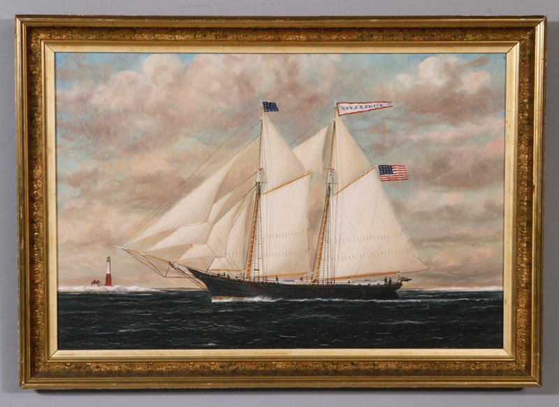 Ship Portrait, O/B: Portrait of the two masted schooner, "Gov. J. Y. Smith, oil on board, in the manner of William Pierce Stubbs, unsigned, 24" x 36" (view), 29 1/4" x 41" (frame). Provenance: From a Centerville, MA esta