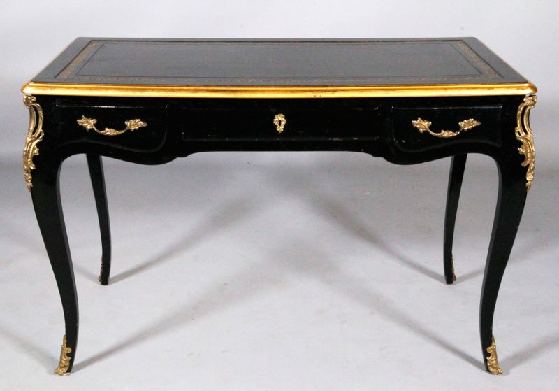 Late 19th C. French Writing Desk: Late 19th century, French writing desk, bronze ormolu mounts, black lacquer, gold trim, 30"h x 46"l x 24"d.