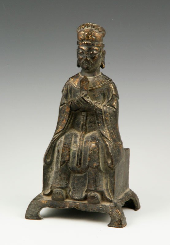Chinese Bronze Figure: Chinese bronze figure of an officer sitting on stone, 9 3/4" h. Provenance: From a Howell, New Jersey collection.