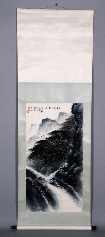 Signed Xiongcai, Spring Waterfall, W/C: Signed Li Xiongcai, spring waterfall, watercolor, 40" x 21". Provenance: From a Howell, New Jersey collection.