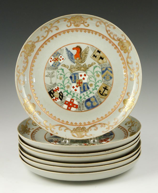 Lot of 7 Chinese Export Armorial Plates: Lot of seven Chinese export armorial porcelain plates, 10" dia. Provenance: From a Howell, New Jersey collection.