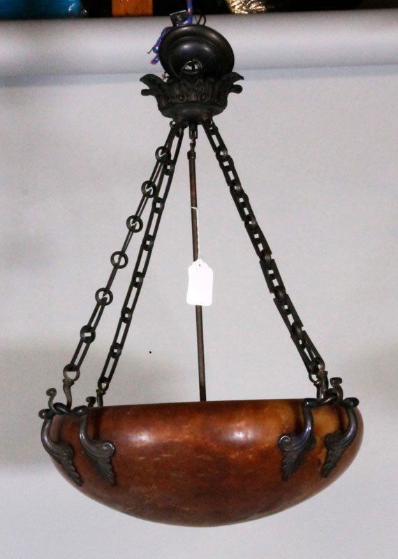 20th C. Ceiling Chandelier: 20th century chandelier, possibly alabaster, with urn handles, 21" across the handles, 7 1/4" deep. Provenance: From a Gloucester, MA estate.