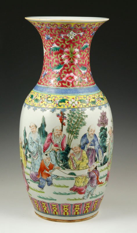 20th C. Chinese Famille Rose Vase: 20th C. Chinese famille rose vase, decorated with scholar figure, 17" x 7". Provenance: From a Howell, New Jersey collection.