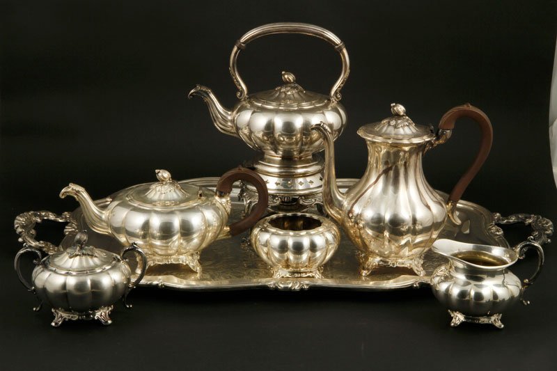 Community Silver-Plate Coffee and Tea Service: Community coffee and tea service, silver-plate, six pieces, with large coordinating handled tray, including coffee pot, water kettle, tea pot, creamer, sugar, and waste bowl in classic pattern, 30 1/2