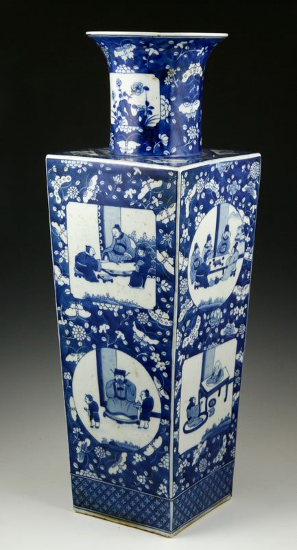 Chinese Blue and White Square Vase: Chinese blue and white square shaped vase with Kangxi mark on base, 22" h. Provenance: From a Howell, New Jersey collection.