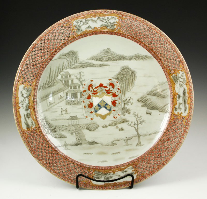 Chinese Export Armorial Plate: Chinese export armorial plate, porcelain, 16 1/4" dia. Provenance: From a Howell, New Jersey collection.