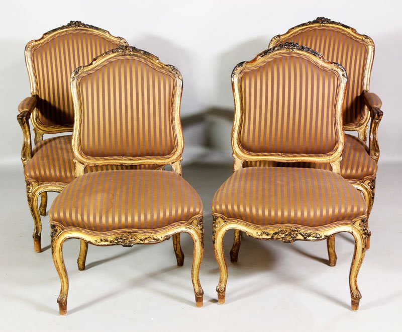 Set of 4 Louis XV Style Giltwood Chaises: Set of four Louis XVI style giltwood chaises, rosewood, 36"h.