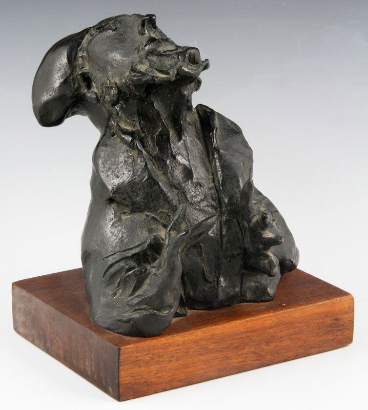 Aronson, Rabbi, Bronze: David Aronson (Lithuanian b.1923), bronze sculpture of a rabbi on wood block, 7 3/4"h x 6 1/4"w x 5"d.