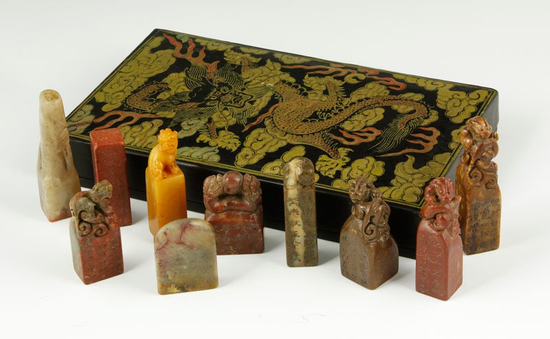 Chinese Lacquer Box: Chinese lacquer box with soapstone seal, 9" x 5 1/4". Provenance: New York collector.