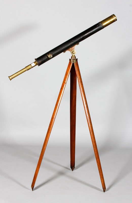 Ross of London Telescope: Ross of London three draw telescope on tripod stand, main tube is 30 3/4"l. Provenance: South Hamilton, MA estate.