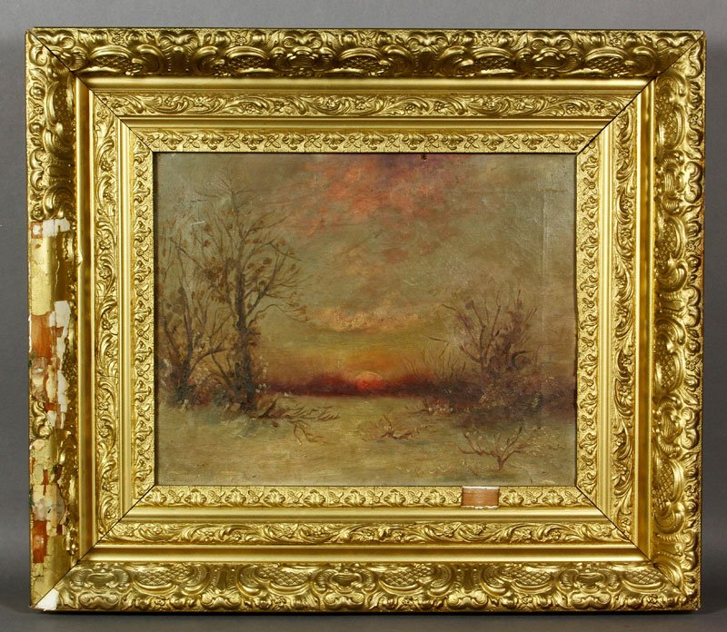 Winter Landscape of Sunset: Winter landscape of sunset, 11 1/2" x 14 1/2 (view), 19 1/2" x 22 1/2" (frame). Provenance: From a Beverly, MA collection.